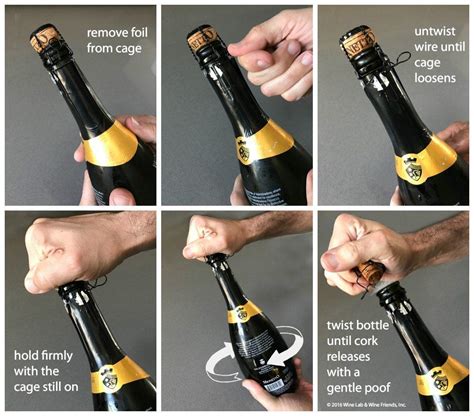 And drink up! 1: Remove any foil or wire around the cork and the bottle’s neck. 2: Hold the bottle in your non-dominant hand at a 20-degree angle to the ground, with the cork facing away from you and others. 3: Grip the saber so that the blunt, back edge of the saber is facing the bottle’s neck. 4: Slide the saber up the bottle quickly, so ...